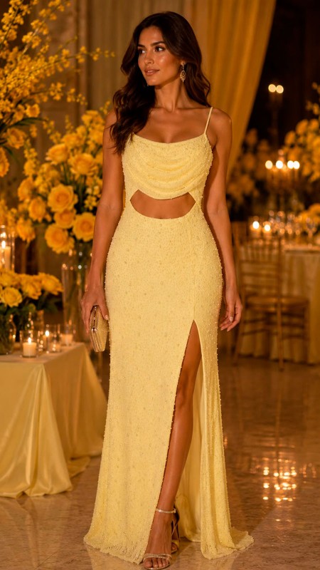 VESTIDO DE PERLA COLOR AMARILLO