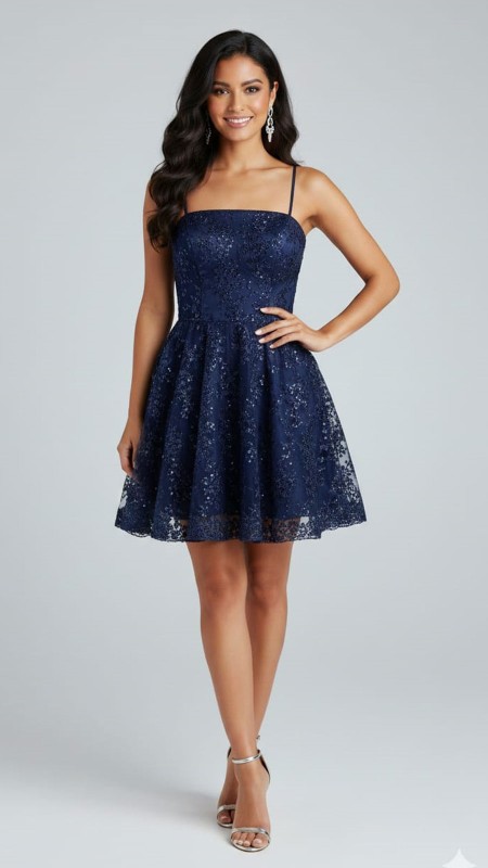 VESTIDO CORTO AZUL MARINO CON ENCAJE Y BRILLO