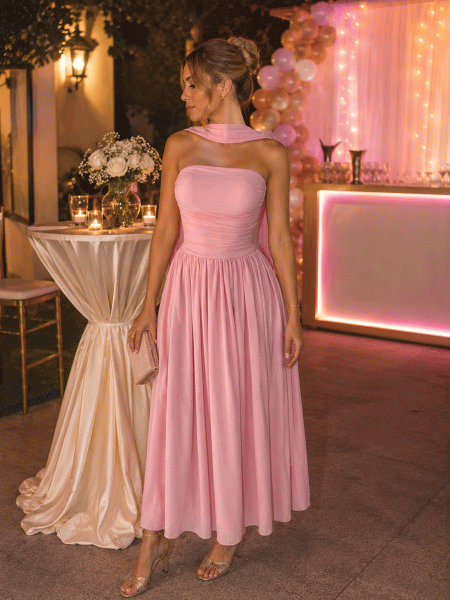 VESTIDO PALO DE ROSADO,STRAPLES CON CHALL