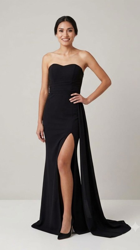 VESTIDO NEGRO ESTRAPLES CON COLA