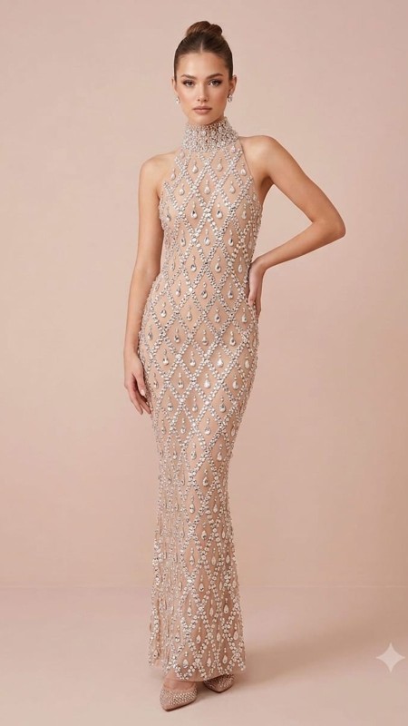 VESTIDO BEIGE CON PEDRERIA CUELLO TORTUGA
