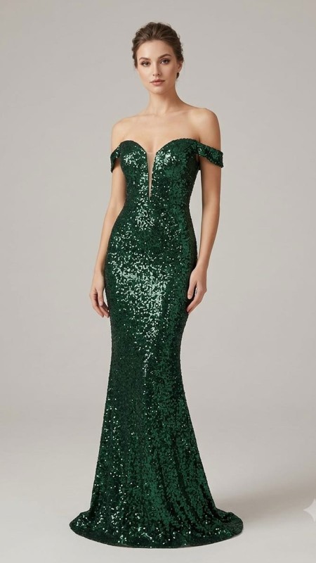 VESTIDO VERDE DE LENTEJUELAS Y MANGAS CAIDAS