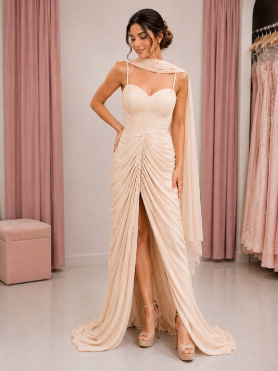 VESTIDO BEIGE ARRUCHADO CON ABERTURA  AL MEDIO Y CHAL