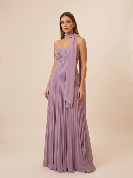 VESTIDO STRAPLESS, LILA CON CHALL