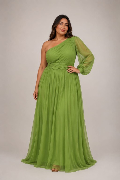 VESTIDO VERDE ASIMETRICO CON UNA SOLA MANGA