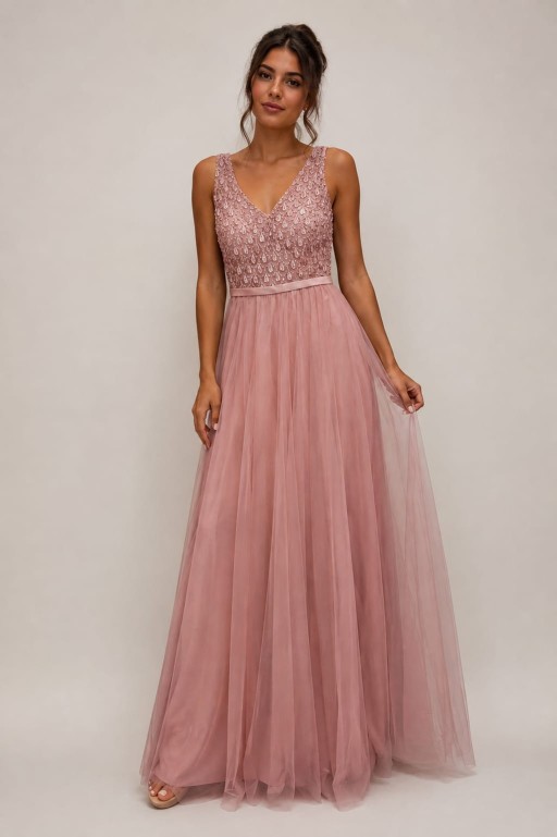 VESTIDO PALO DE ROSA CON FALDA DE TUL