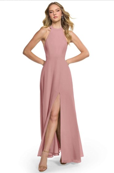 vestido palo de rosa cuello halter con abertura en la pierna