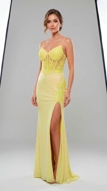 VESTIDO COLOR AMARILLO ELECTRICO CON LENTEJUELAS
