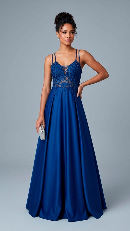 VESTIDO COLOR AZUL TELA SATINADA CON ENCAJE FLORAL