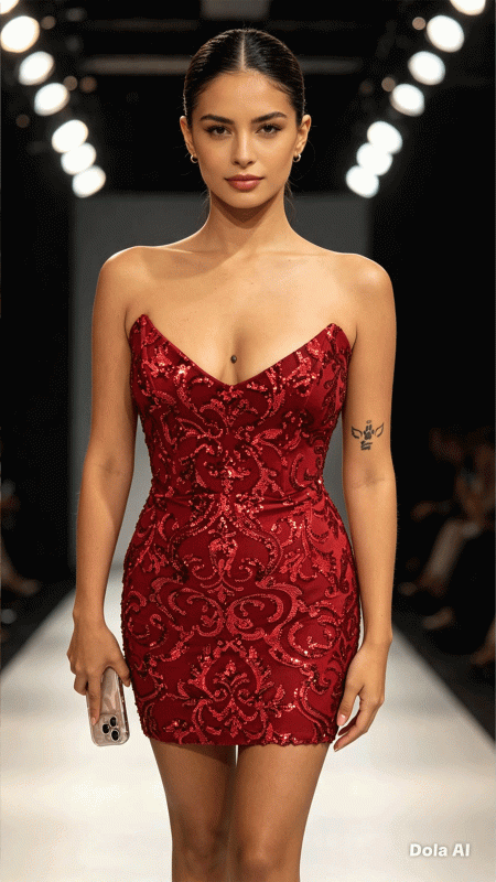 VESTIDO ROJO CON LENTEJUELAS, STRAPLESS