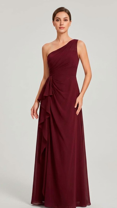 VESTIDO COLOR VINO TINTO ASIMETRICO