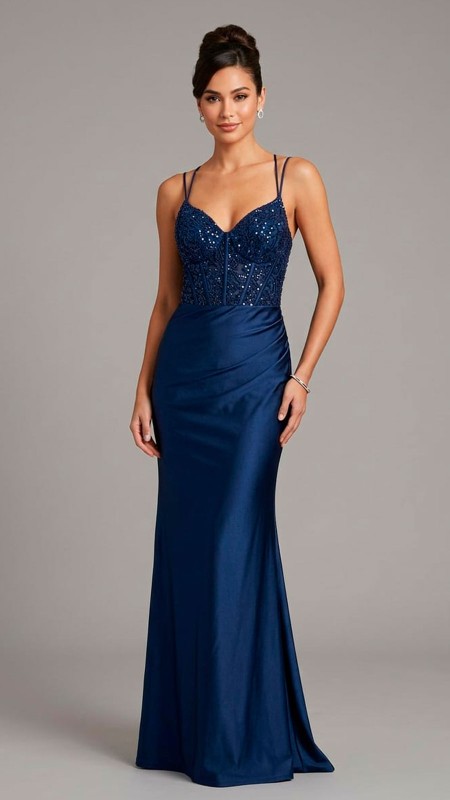 VESTIDO COLOR AZUL MARINO TELA SATINADA CON CORSET