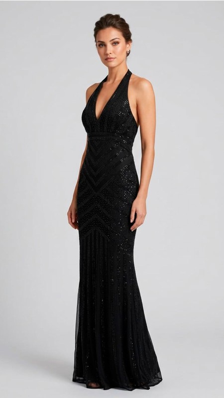 VESTIDO COLOR NEGRO BORDADO CON PEDRERIA CON  ESCOTE EN V