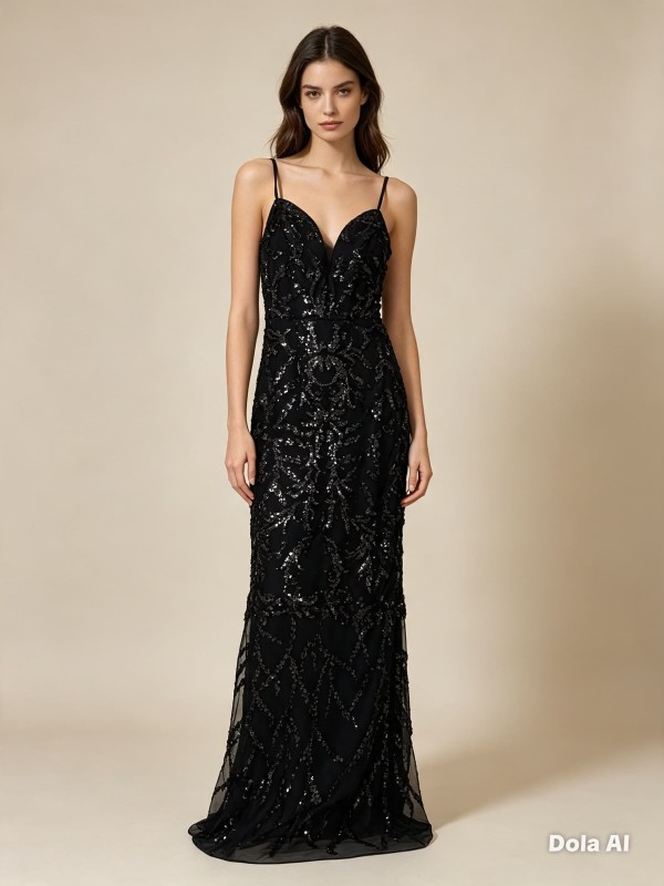 VESTIDO NEGRO CON LENTEJUELAS  EN CORTE A