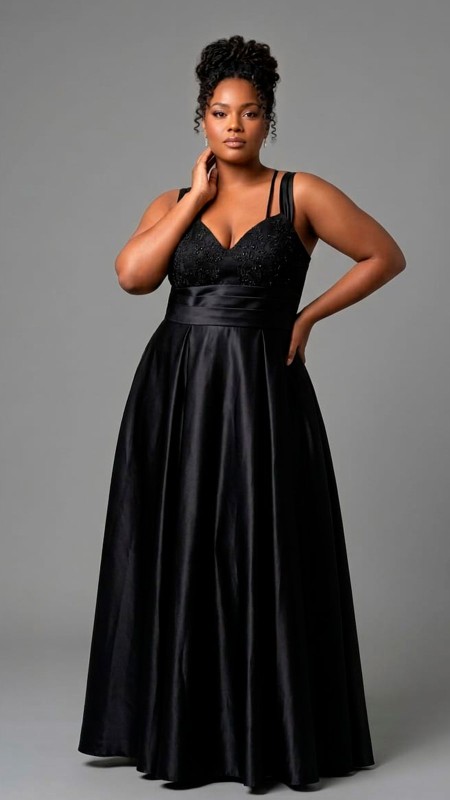 VESTIDO NEGRO EN TELA SATINADA CORTE PRINCESA