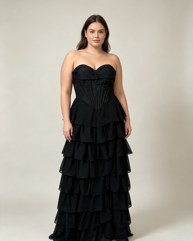 VESTIDO NEGRO STRAPLESS CON VOLADOS