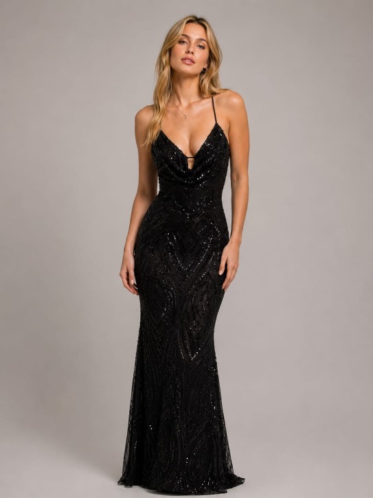 VESTIDO NEGRO CANUTILLO Y LENTEJUELAS Y ESCOTE CASCADA