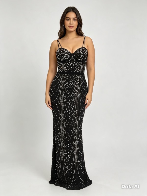 VESTIDO NEGRO CON PERLAS DE PASARELA