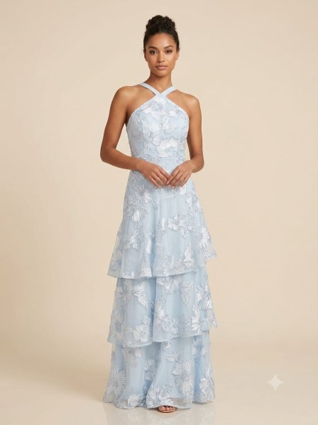 VESTIDO CELESTE CON VOLADOS FLOREADO
