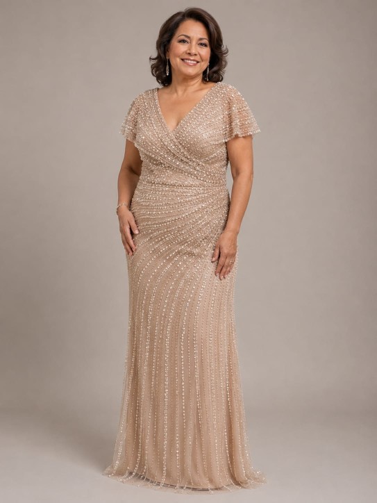 VESTIDO BEIGE CON CANUTILLO Y MANGAS CAIDAS