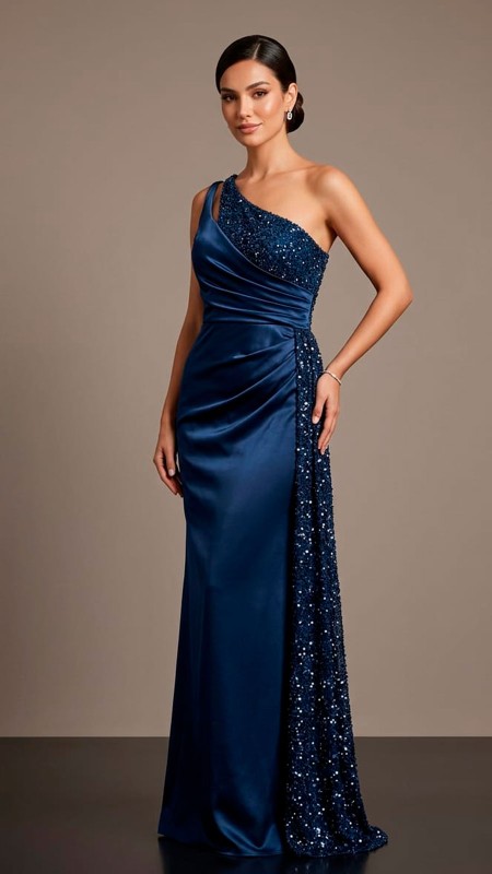 VESTIDO AZUL MARINO OSCURO ASIMETRICO CON CAPA