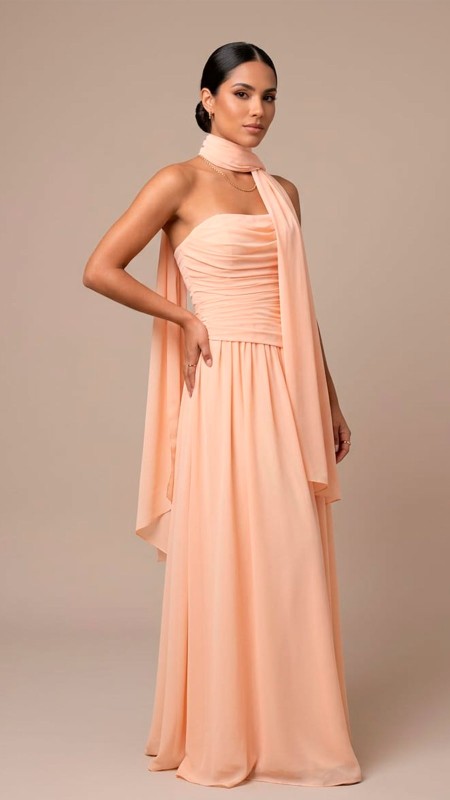VESTIDO COLOR MELON EN TELA SEDA CON MASCADA