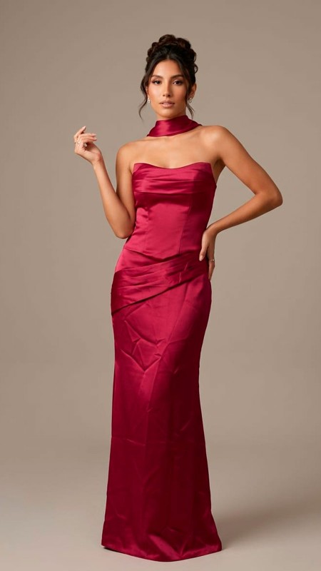 VESTIDO COLOR VINO DE TRES PIEZAS ( CORSET , FALDA, MASCADA)