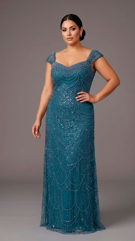 VESTIDO COLOR AZUL PETRLEO CON PERLAS