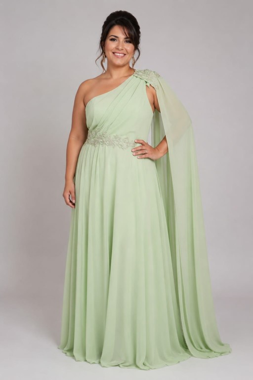 VESTIDO ASIMETRICO VERDE MENTA CON VOLADO