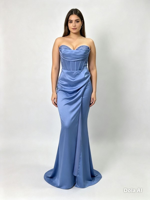 VESTIDO CELESTE STRAPLESS CON ABERTURA
