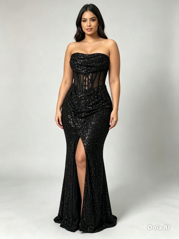 VESTIDO NEGRO CON LENTEJUELAS STRAPLESS