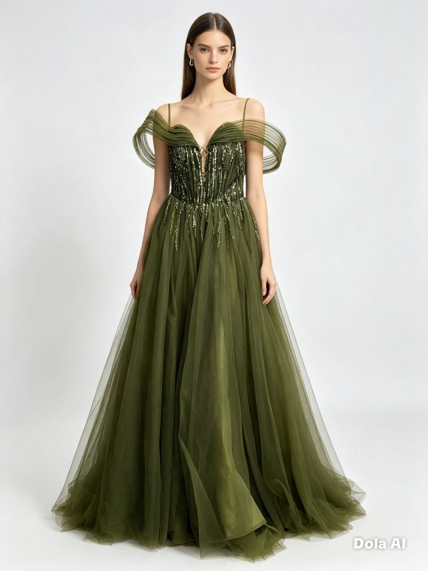 VESTIDO VERDE OLIVA POMPOSO