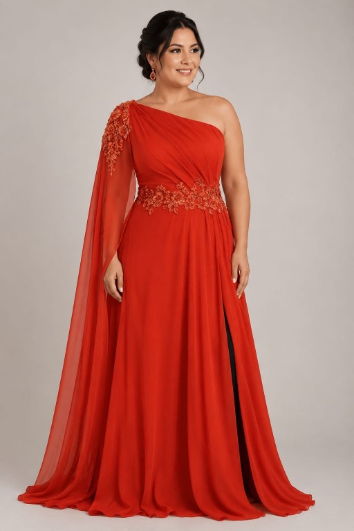vestido terracota asimetrico con capa