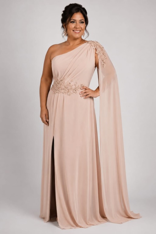 vestido melon asimetrico con capa