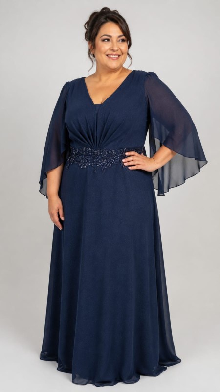 vestido azul  marino brilloso corte A con capa