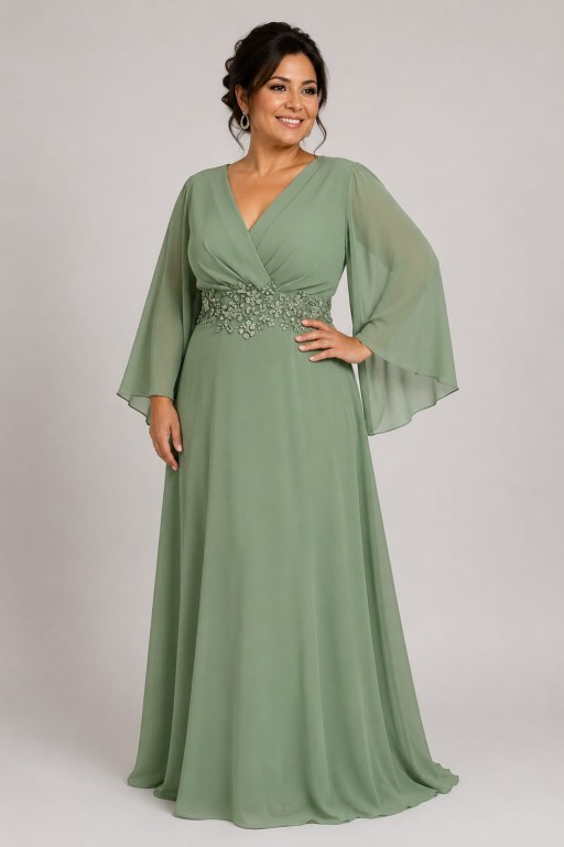 vestido verde pistacho corte A gasa y con capa