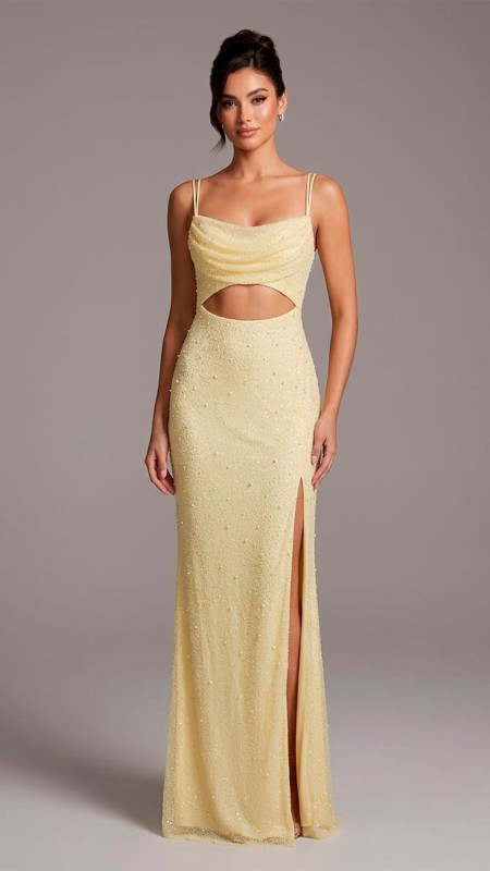 VESTIDO COLOR AMARILLO CON ESCOTE DRAPEADO EN LA PARTE SUPERIOR