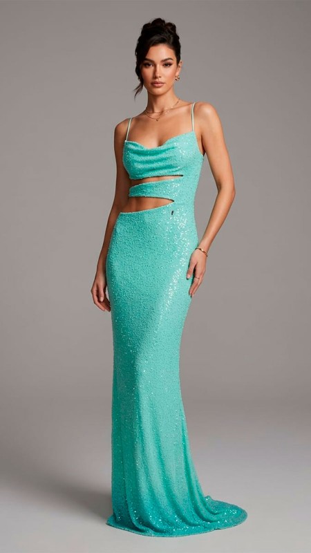 VESTIDO COLOR VERDE MENTA CON ACABADO BRILLANTE DE LENTEJUELAS