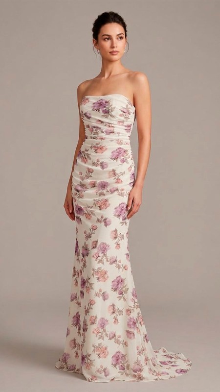 VESTIDO COLOR BLANCO CON ESTAMPADO FLORAL STRAPLESS