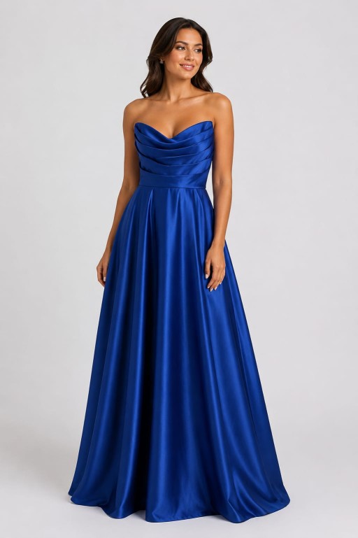vestido azul pomposo satinado straples