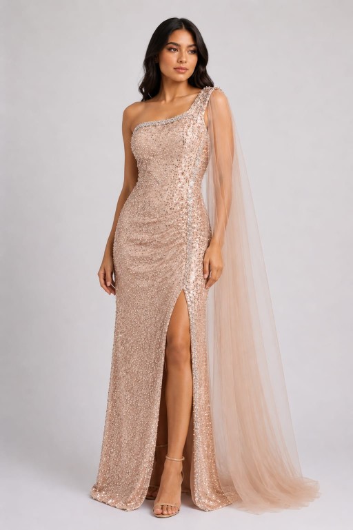 vestido dorado de lentejuelas  asimetrico con capa