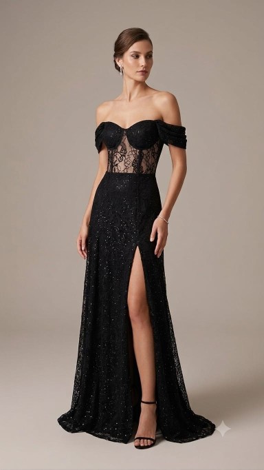 vestido negro corte A con transparencia en la cintura y mangas caidas
