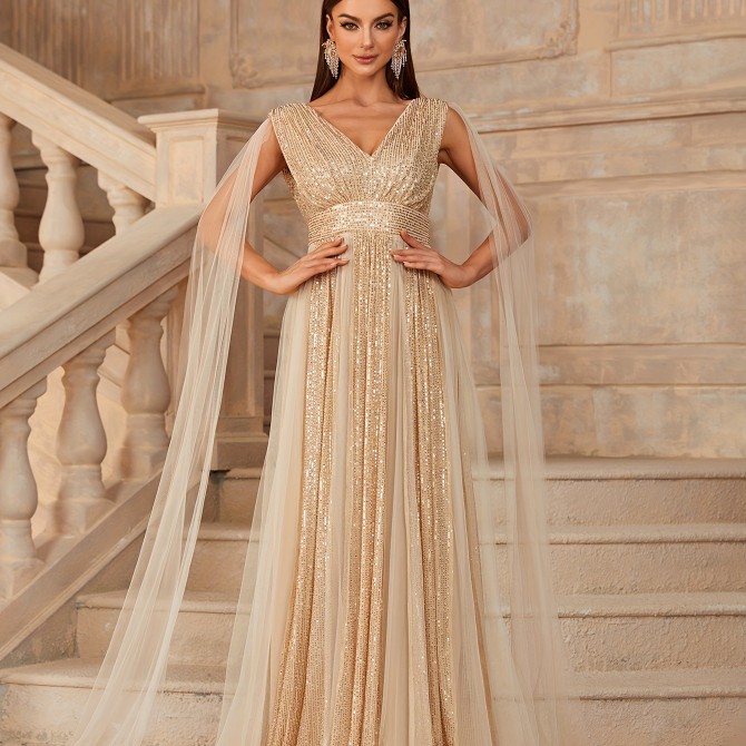 vestido beige con lentejuelas doradas y capas