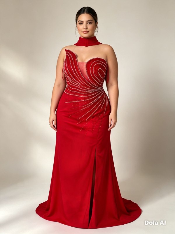 VESTIDO ROJO STRAPLESS CON CHALL