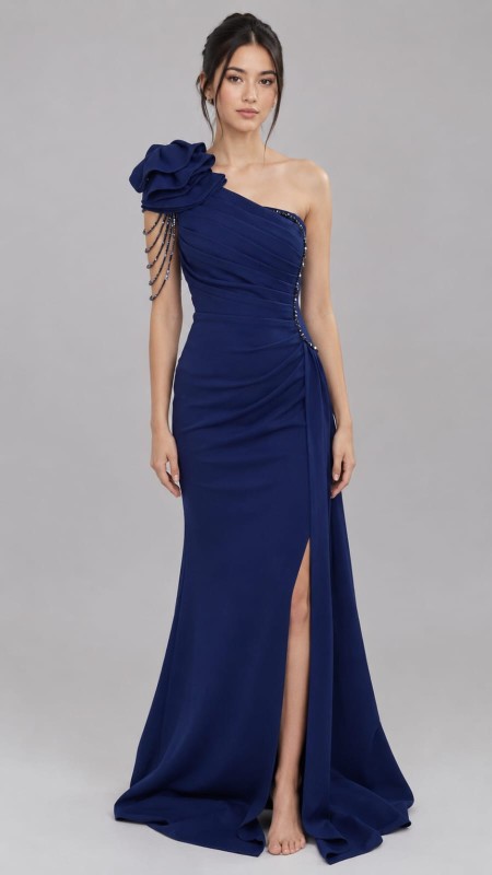 VESTIDO AZUL MARINO ASIMETRICO LICRA CON ABERTURA
