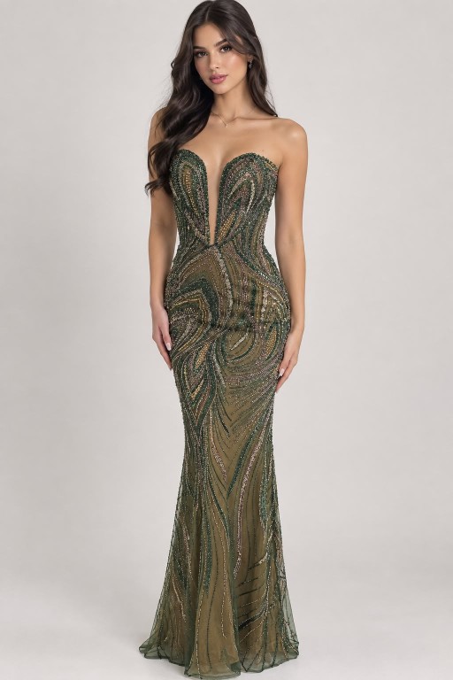VESTIDO VERDE  STRAPLESS CON LENTEJUELAS