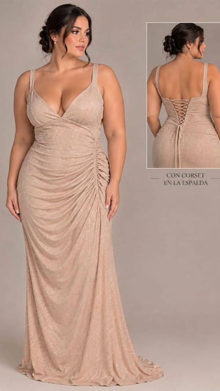 VESTIDO COLOR BEIGE CON BRILLOS