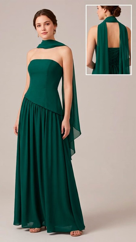 VESTIDO VERDE OSCURO EN ESTRAPLE CON MASCADA EN EL CUELLO