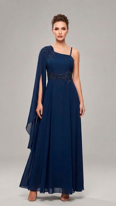 VESTIDO AZUL MARINO OSCURO CON UNA SOLA MANGA ROMANA