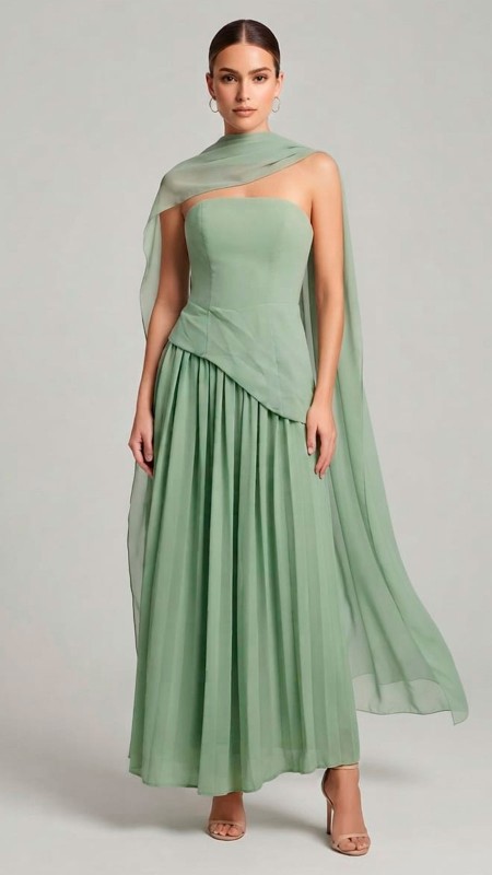VESTIDO VERDE PISTACHO CLARO EN ESTRAPLE CON MASCADA EN EL CUELLO